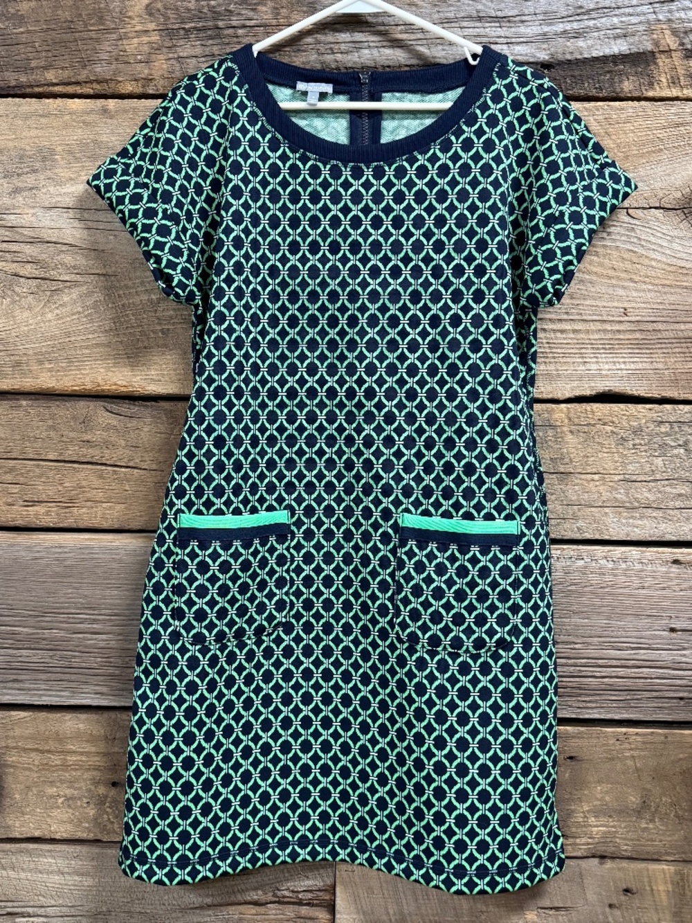 Talbots Cable Jacquard short sleeve dress, Green/navyprint, Small - Picture 1 of 7